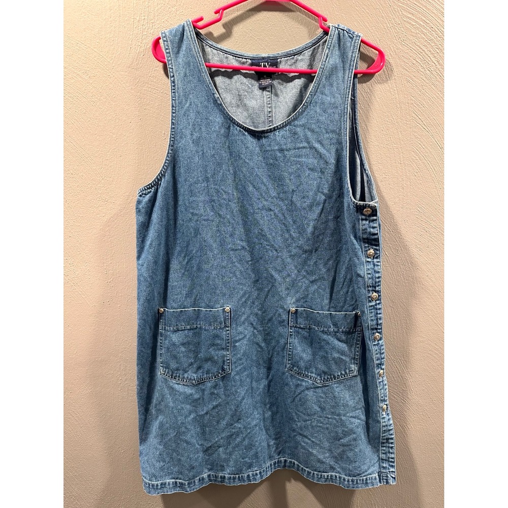 Vintage Original TY Wear Denim Jumper Dress Blue Cotton Button Side Pinafore W16
